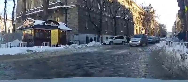 Во Львове снежная "лавина" на ходу накрыла автомобиль такси (ВИДЕО)