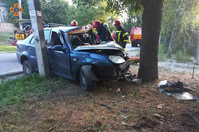 На Дніпропетровщині легковик влетів у дерево, пораненого водія діставали рятувальники (ФОТО)