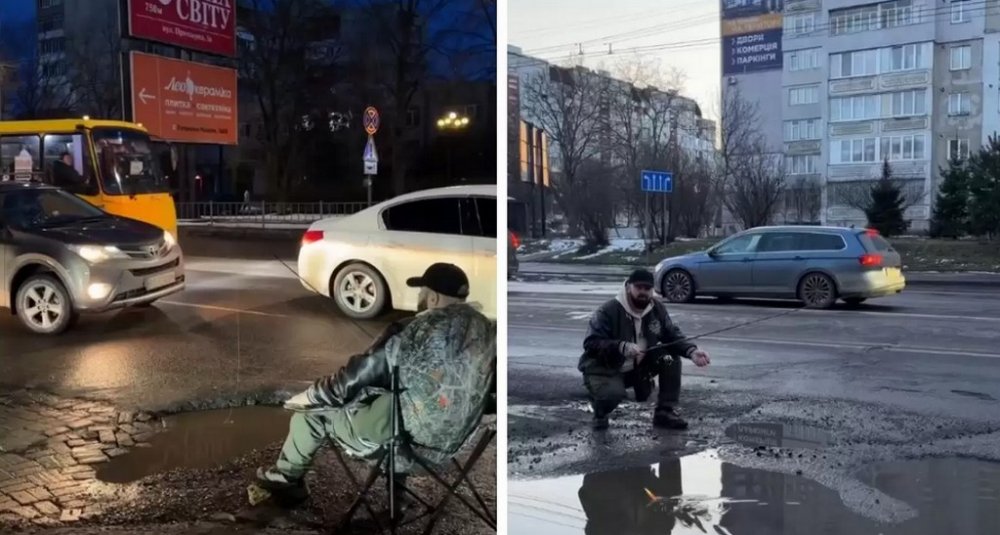 Риба не клює, але плаває: на Франківщині чоловіки примудрилися порибалити у дорожніх ямах (ВІДЕО)