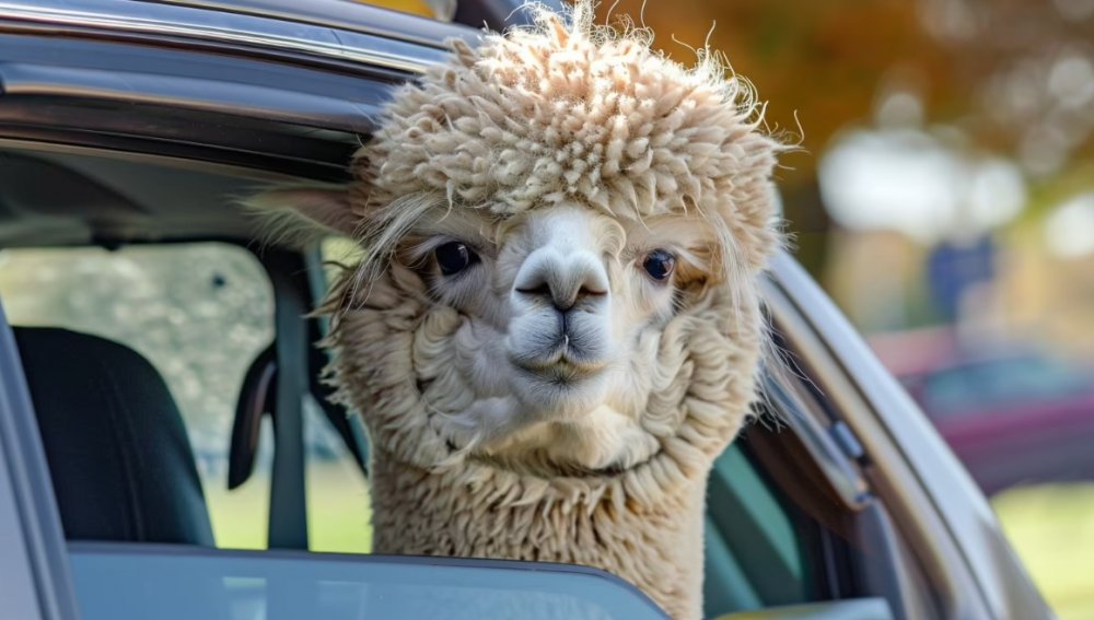 На відео потрапила кучерява альпака, що катається зі своїм господарем на автомобілі